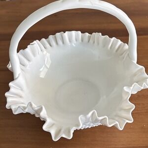Vintage Fenton White Milk Glass Hobnail Basket with Handle 11 1/2" WIDE 10 1/2"
